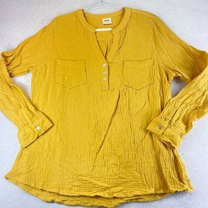 NWOT MOTE Womens XXL Plus Mustard Yellow Gold Henley Gauze Long Sleeve Top